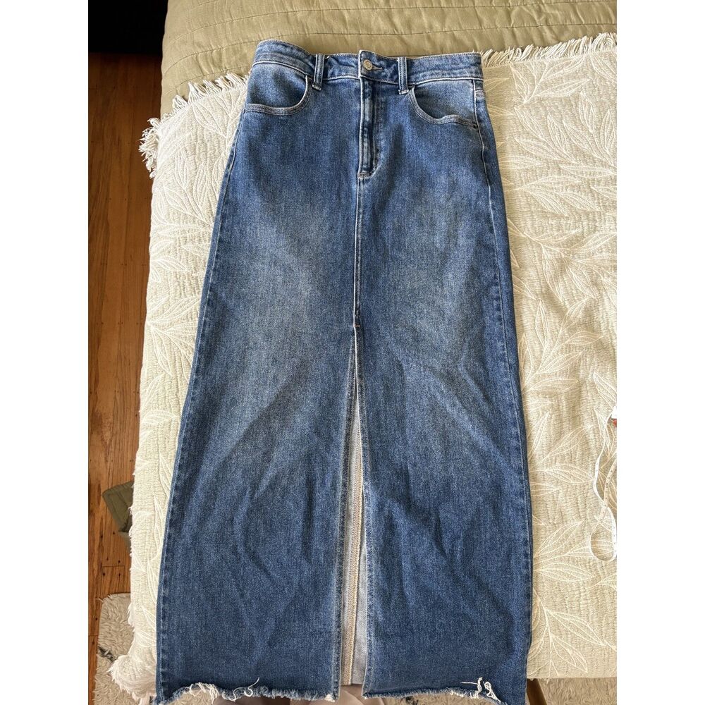 Nectar Premium Denim Split Long Skirt Small Distressed Hem Stretch Pockets